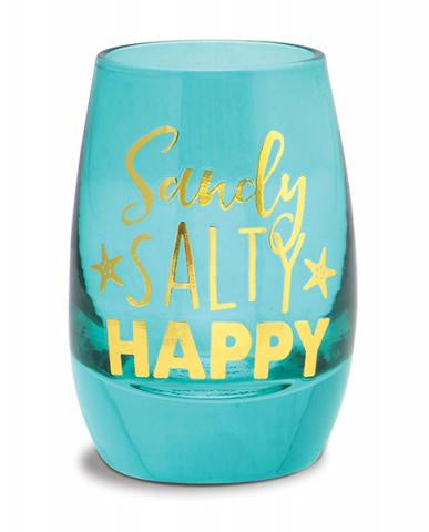 Mini wine shot glass that reads sandy-salty-happy